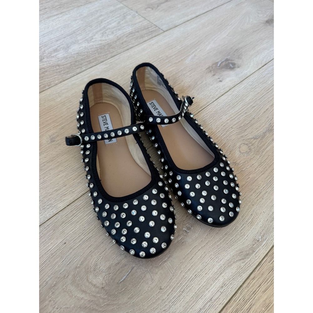 Steve Madden Studded Rhinestone Mary Jane Ballet Flats Black Leather Women's 6M